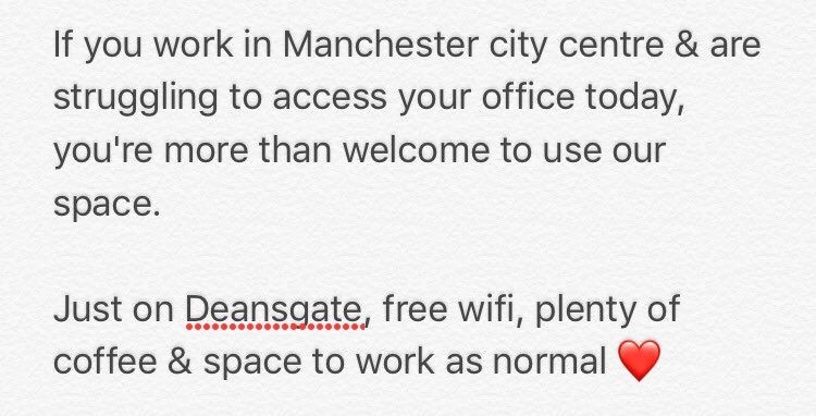 sedulo_group's tweet photo. If any of #Manchester's city centre business community can't access offices today, DM us &amp; we'll be happy to help ❤️

#ManchesterArena https://t.co/FGxEfUQXoH