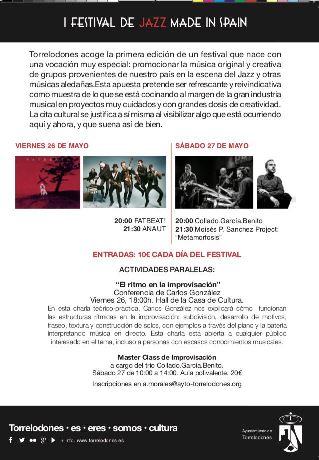 RosaRivet's tweet photo. Cuenta atrás D-3 al #IFestival #jazz #MadeinSpain @Torrelodones_wb Estos 26 y27 d mayo,descúbrelo @biurrun74 @vxtorrelodones @moisespsanchez https://t.co/o3Jf7wInhl