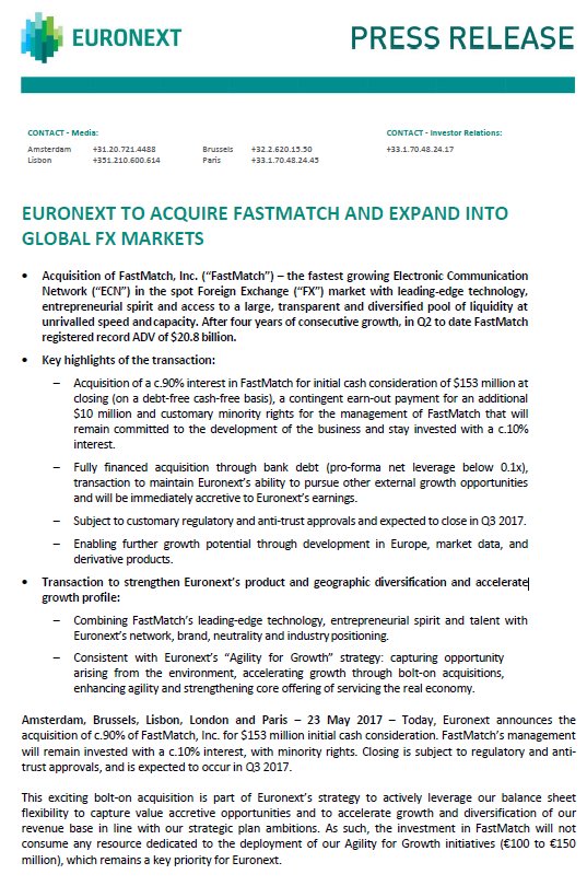 TSimonts's tweet image. #Euronext neemt 90% in #FastMatch vr €153m. In cash, via bankschuld. Wil wat meer meespelen op de FX-markt, waar er nog groei blijkt te zijn