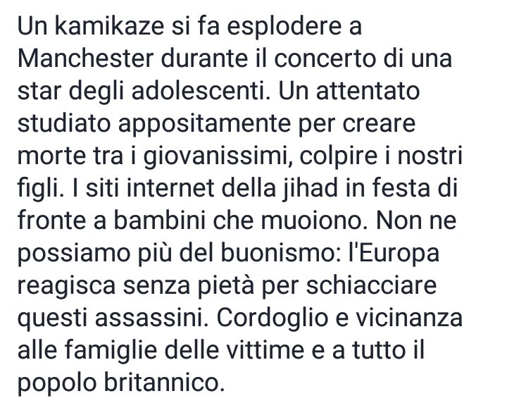 GiorgiaMeloni's tweet photo. Quello di #Manchester è un #attentato studiato per colpire i nostri figli. L'Europa reagisca senza pietà per schiacciare questi assassini ST https://t.co/bJ8frnB0vG