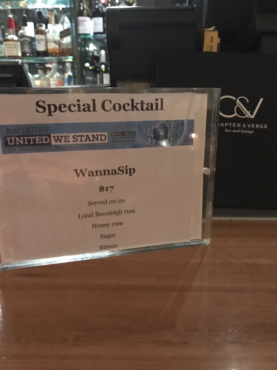 AusCERT's tweet photo. WannaSip, order yourself an AUsCERT2017 cocktail at Chapter&amp;Verse #AusCERT2017 #spmarriott https://t.co/MvXHOmeAMU