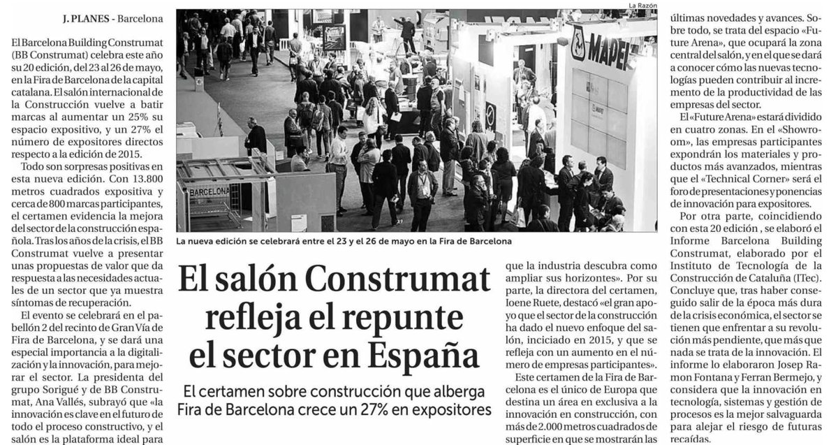 ConstrumatBCN's tweet photo. 'El salón Construmat refleja el repunte el sector en España' via @larazon_es https://t.co/nu17EALBxp  #construcción 23-26.5 @Fira_Barcelona https://t.co/BaOk7QIWMP