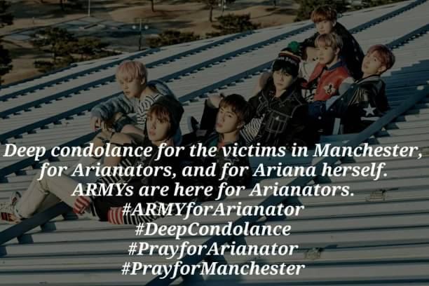 semuanyusernem's tweet photo. "We send our love to all the victims, Ariana, her fans and crew."-BTS #ARMYforArianator #DeepCondolance #PrayforArianator #PrayforManchester https://t.co/SVztCGcXrc