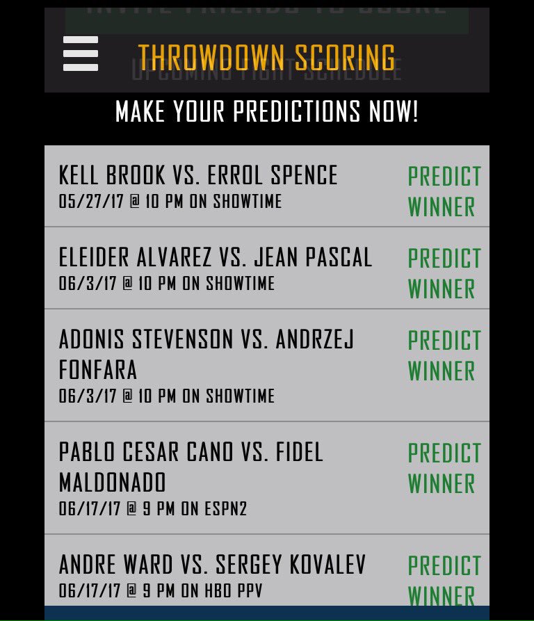 Throwdownscore's tweet image. We've got the big fights for you. Make your predictions now. #BrookSpence #PascalAlvarez #StevensonFonfara #CanoMaldonado #WardKovalev2