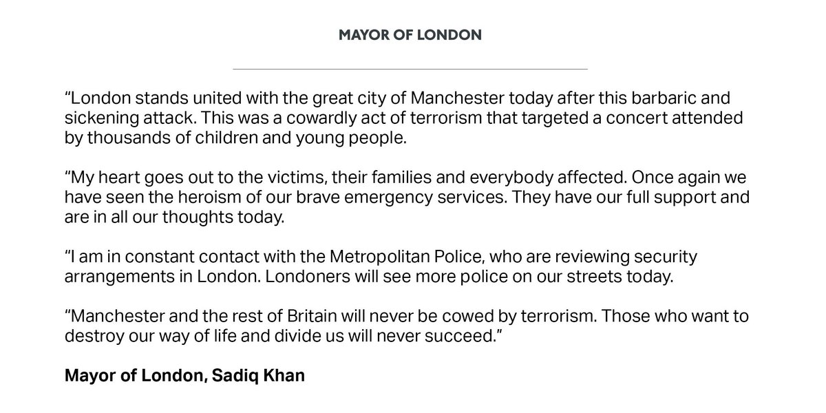 SadiqKhan's tweet image. My statement on the barbaric and sickening attack in Manchester last night. London stands with Manchester today. facebook.com/MayorofLondon/…