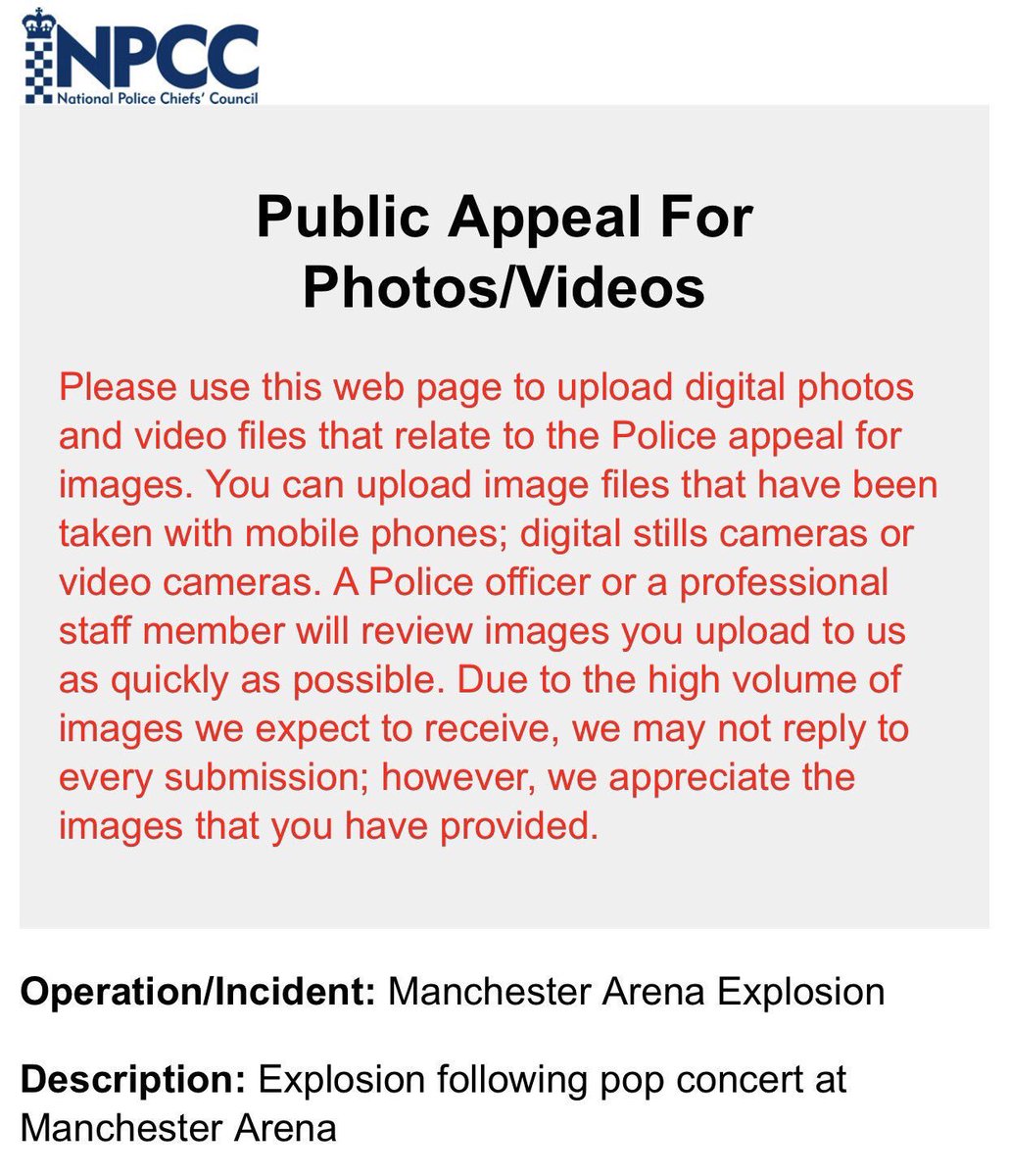 If you witnessed the Manchester Arena explosion and have image or video, please help the investigation: ukpoliceimageappeal.co.uk @GMPolice