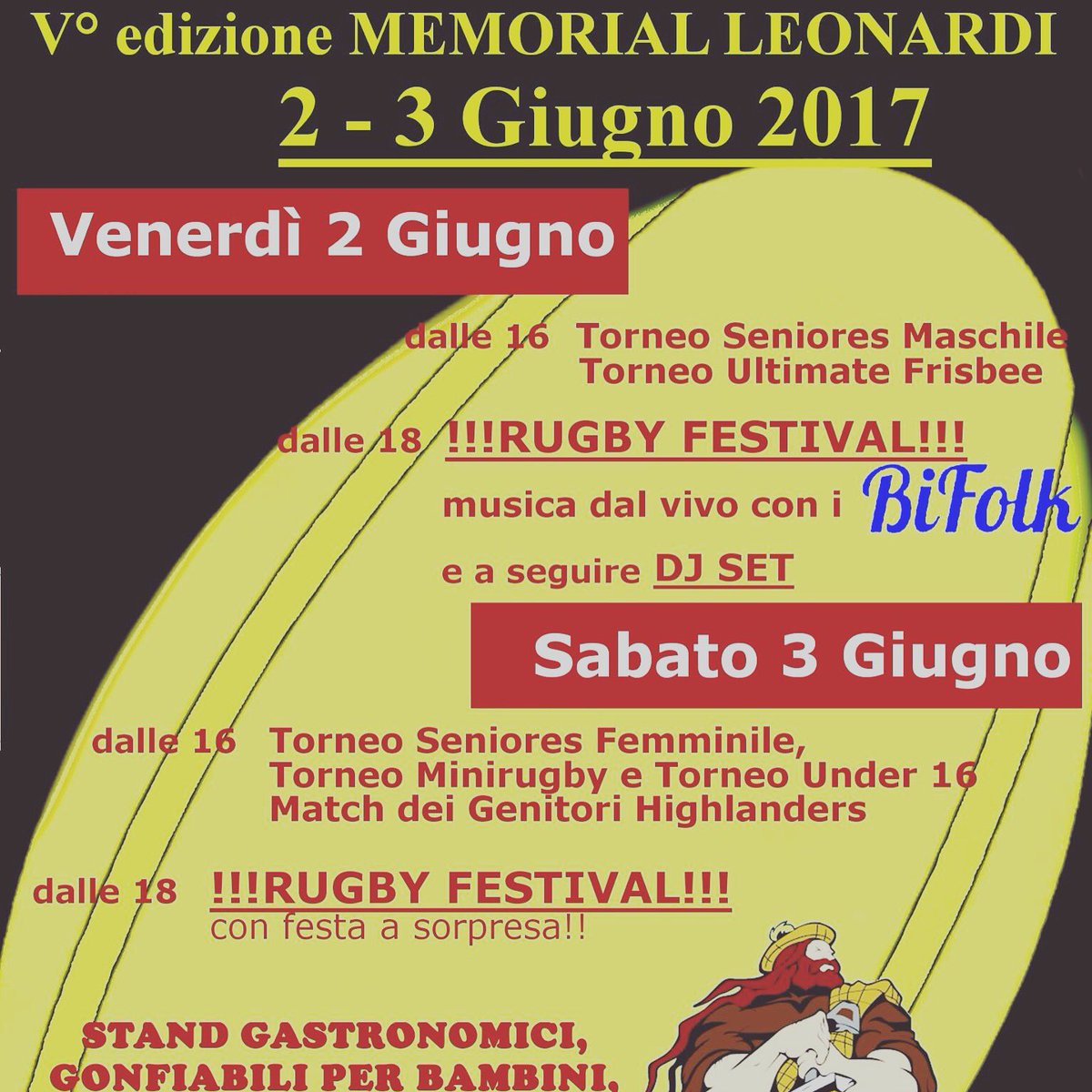 Ci siamo!!! Manca poco alla grande festa del rugby giallonero del "Comunale"! #memorialLeonardi5 #highlanders #formigine #rugby