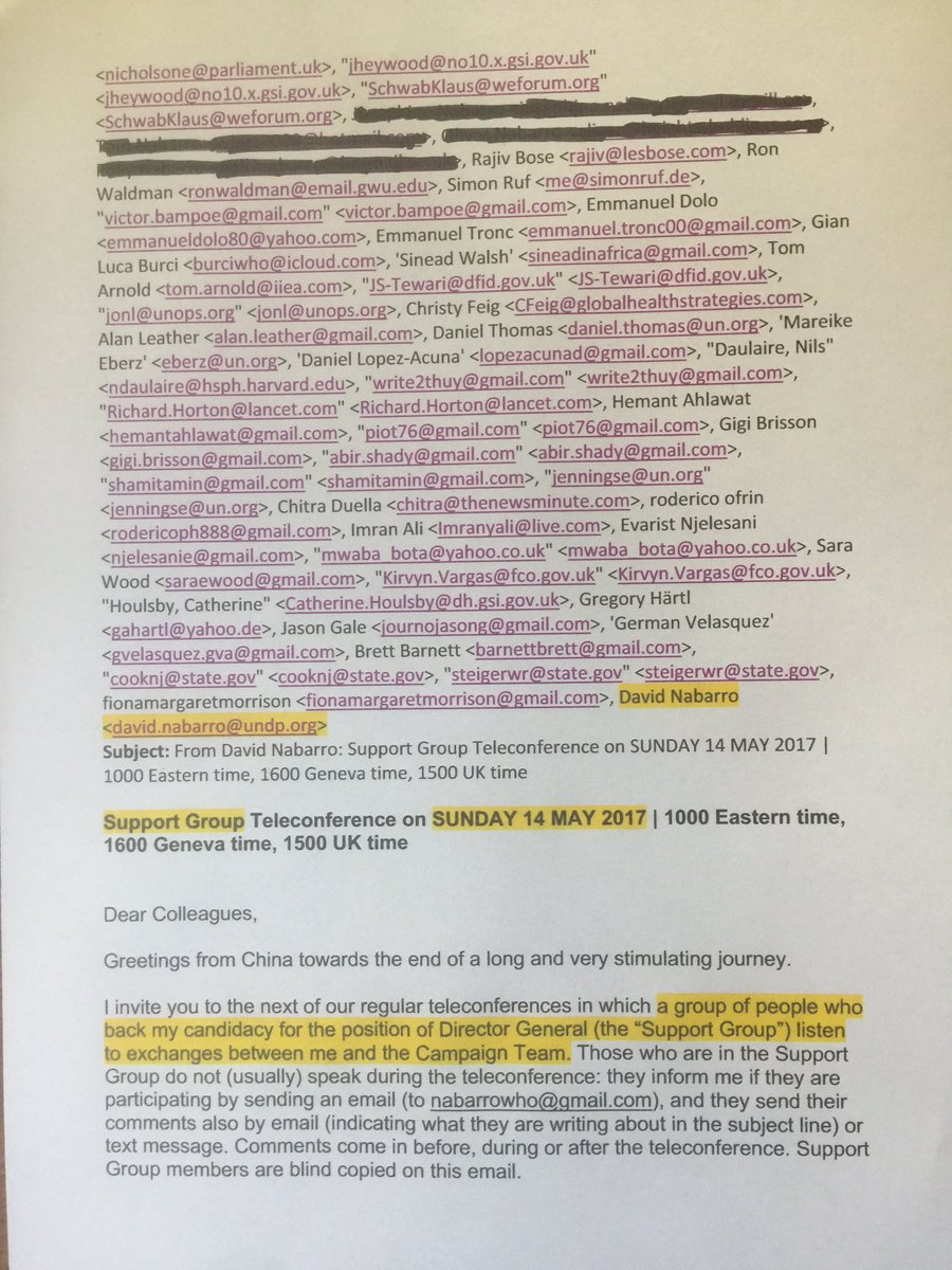 mukeshkapila's tweet photo. By popular demand in public interest here is 'secret' Nabarro support group. Redacted ID of his children to protect them #WHA70 #WHODG https://t.co/LzofP4Gyv8