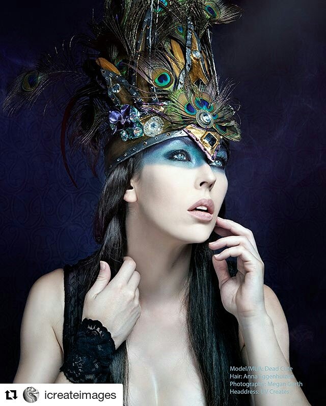uvcreates's tweet image. As featured in Surreal Beauty magazine- gold &amp;amp; silver peacock feather crown &amp;amp; black lace gown I made. Photo by Megan Garth, model Dead Cute