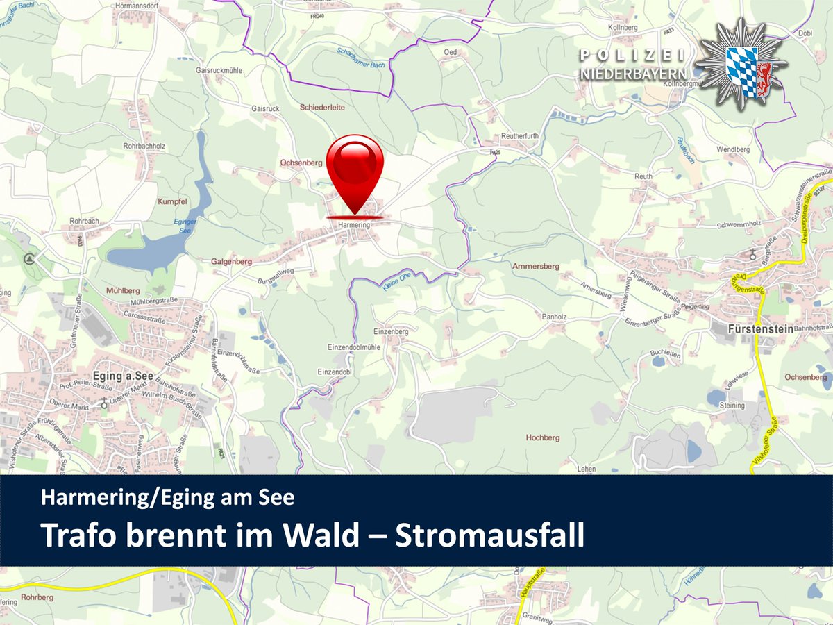 polizeiNB's tweet photo. #Eging / See #Harmering Brand Trafohäuschen im Wald; kompletter #Stromausfall; Info an die #Bevölkerung; Stromversorger informiert! https://t.co/fak5IenENW
