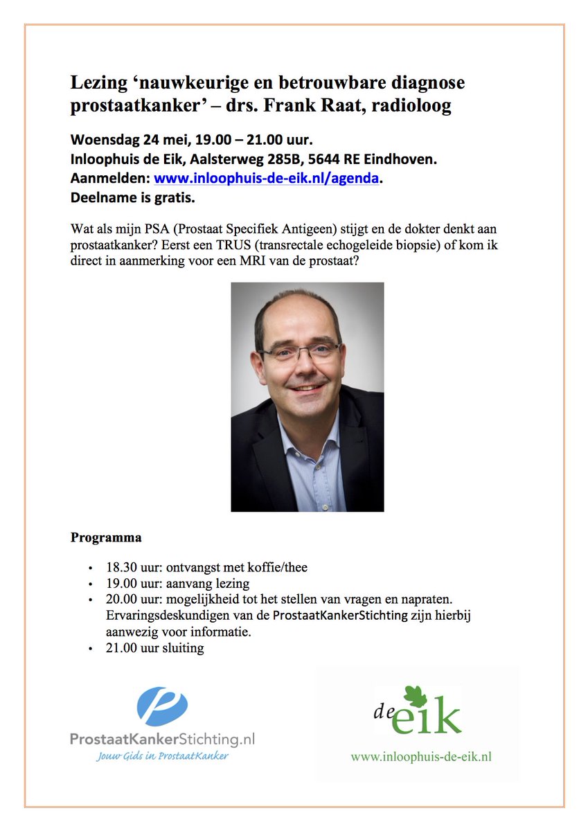 Woensdagavond 24 mei bij #deEik: Lezing ‘nauwkeurige en betrouwbare diagnose prostaatkanker’. Info en aanmelden: inloophuis-de-eik.nl/agenda/lezing-….