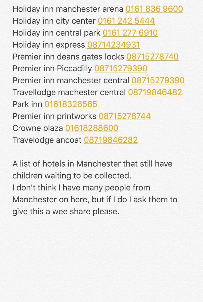 itsluisagibson's tweet photo. Phone numbers for those still looking for children #Manchester #PrayForMancester https://t.co/eTRj0ap3Gj