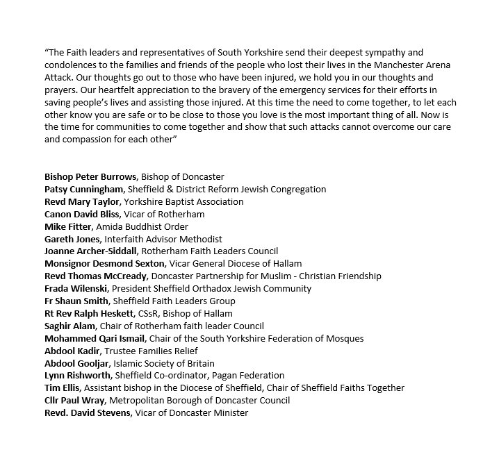A Statement by the Faith Leaders and Representatives of South Yorkshire in condolences for yesterday's terror attack <a href="/BBCNews/">BBC News (UK)</a> <a href="/SheffieldStar/">The Star, Sheffield</a>