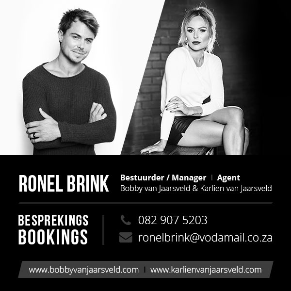 *Eksklusiewe Agent* vir:
Bobby en Karlien van Jaarsveld
<a href="/AfrIsGroot/">Afrikaans is Groot</a> <a href="/sa_artists/">SA-ARTISTS</a> <a href="/bobbyvjaarsveld/">BOBBY VAN JAARSVELD</a> <a href="/KarlienVanJ/">KarlienvanJaarsveld</a>