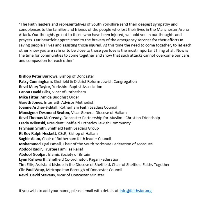 A Statement by the Faith Leaders and Representatives of South Yorkshire in condolences for yesterday's terror attack <a href="/SheffCouncil/">Sheffield City Council</a>