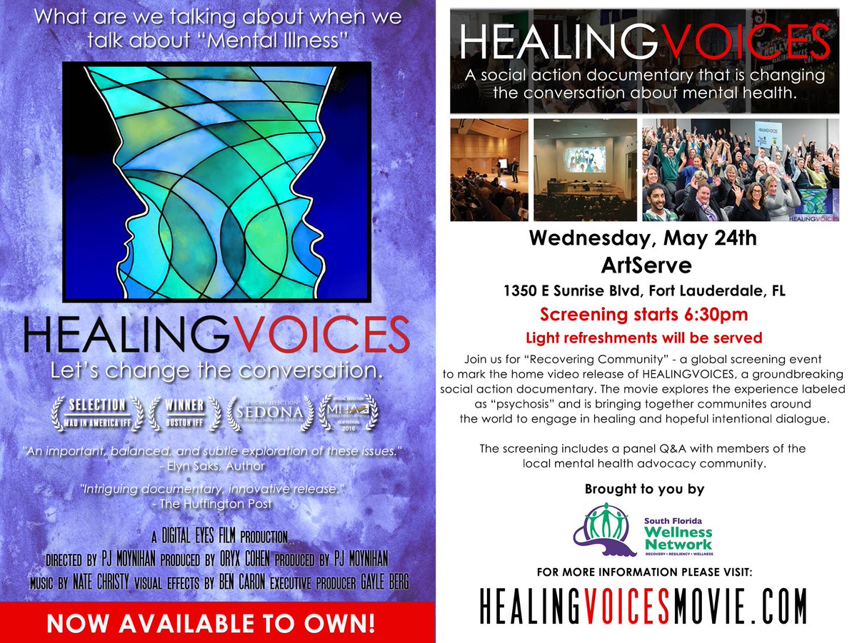 OryxCohen's tweet photo. Tomorrow! #HealingVoices screening in #FortLauderdale. Now available to own at https://t.co/GtEfvhQG7Y #RecoveringCommunity #MadPride https://t.co/Im16eWwWlR