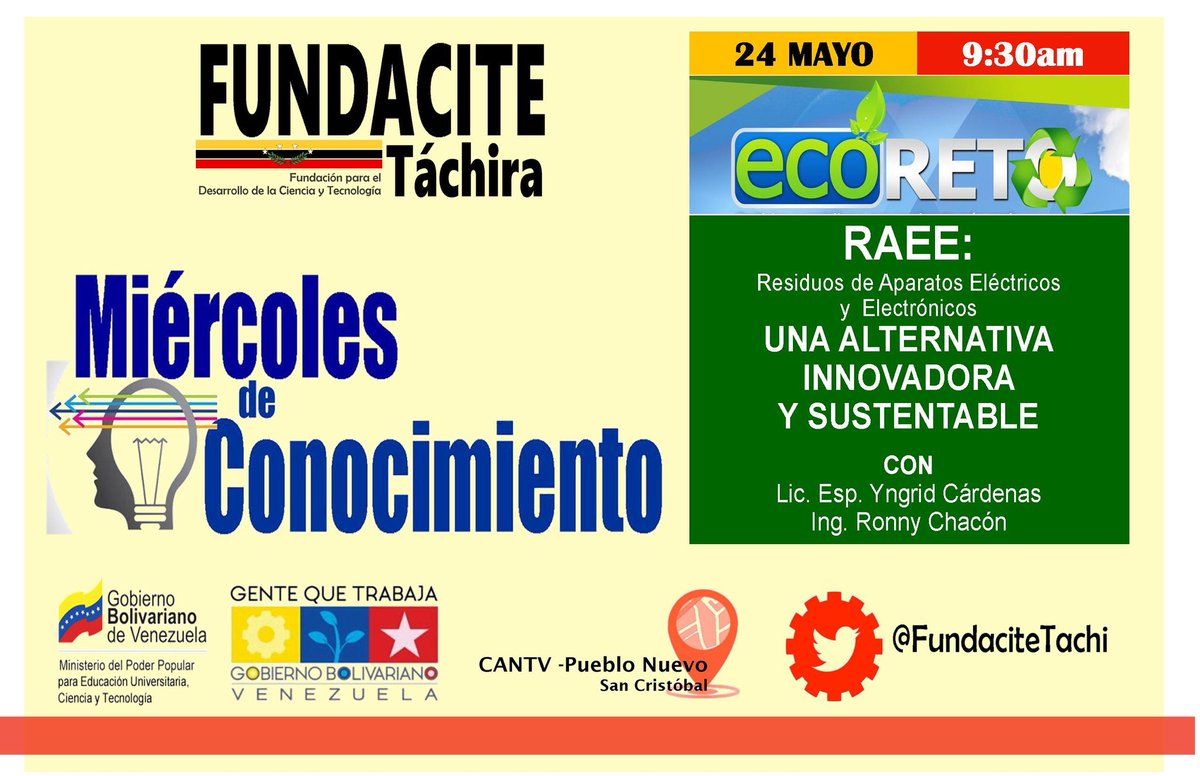 fundacite_tachi's tweet photo. #TáchiraCultural
Este #24Mayo
9:30am será #MiércolesDeConocimiento en @fundacitetachi con @ECORETORAEE
¡Llégate! https://t.co/dzYNaH8SHx