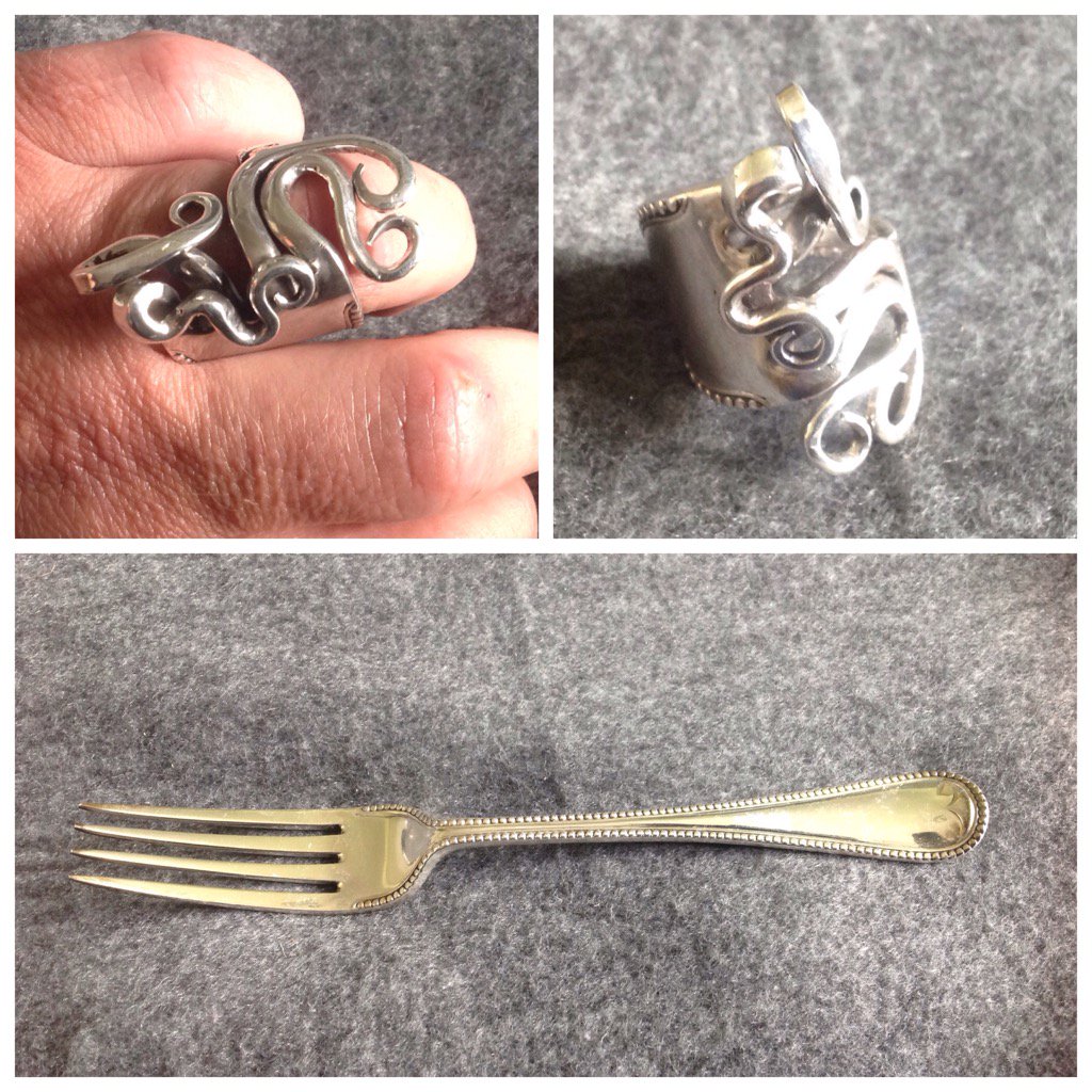 What sort of mind takes a perfectly serviceable Sterling silver fork and twists it to form unique jewellery?