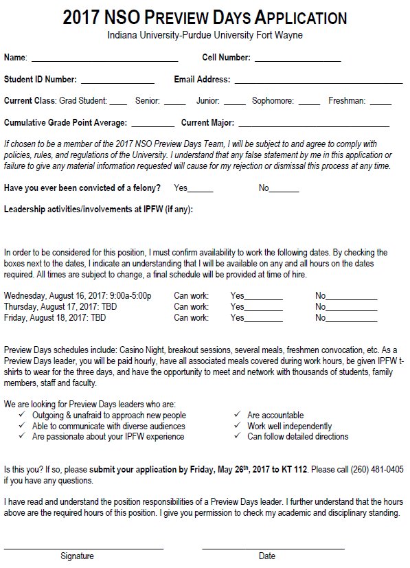 PurdueFWTRIOSSS's tweet image. It&apos;s not too late to apply for the IPFW New Student Orientation Preview Days Leader position!
They are due to KT 110C/112 May 26th at 5pm!