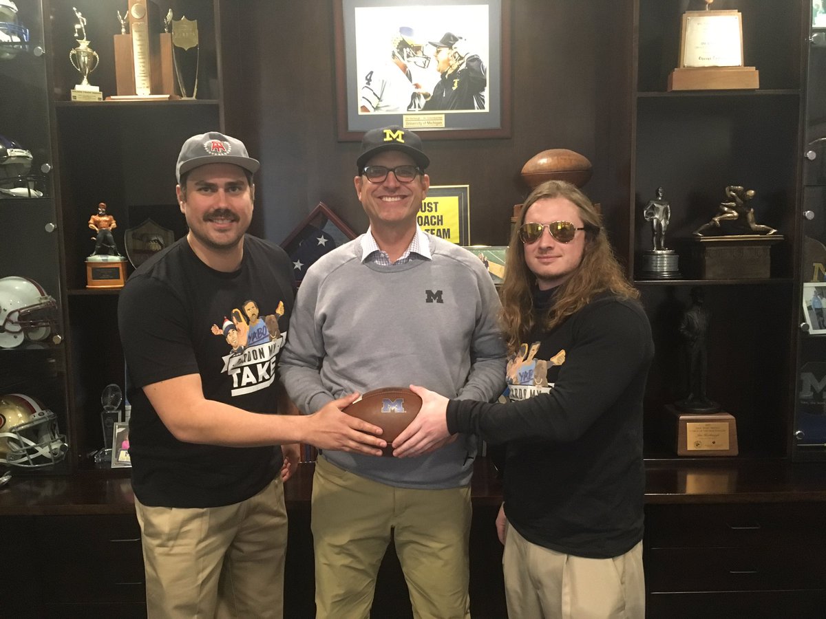 PardonMyTake's tweet photo. We attack tomorrow's Pardon My Take with an enthusiasm unknown to mankind. Grit personified @CoachJim4UM. Subscribe https://t.co/hyFDGAlb6K https://t.co/Py8rBDUz3Q