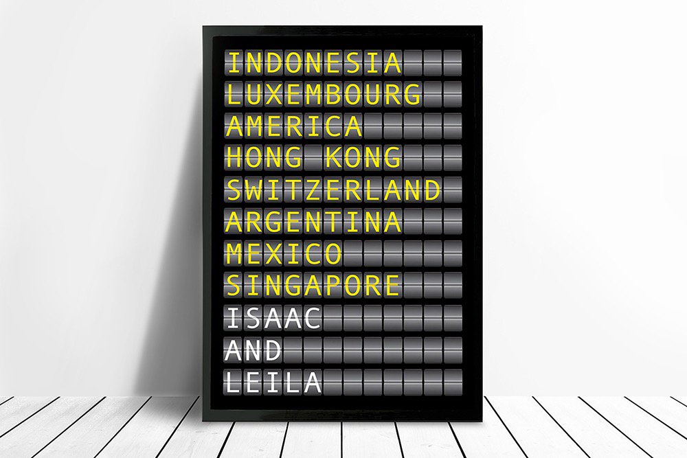 Where you met, first weekend away, got engaged, tied the knot. Your travels all captured on amazing personalised flight destination wall art