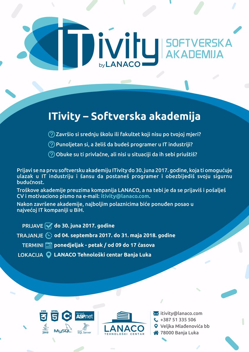 LanacoCompany's tweet photo. Znaš nekog ko želi postati programer? Ili si možda ti taj kojeg tražimo? ITivity traži polaznike. Prijavi se. #lanaco #itivity #academy https://t.co/CaecGSpEJi