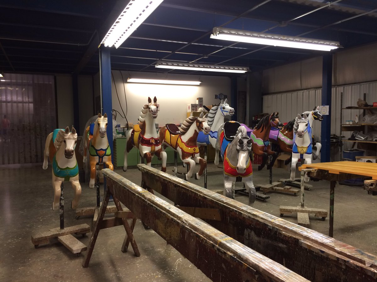 Carousel_Works's tweet image. #Stampede ! This collection of restored horses is waiting to buck on out of the shop. #PrairieVillage #CarouselWorks #Carousel