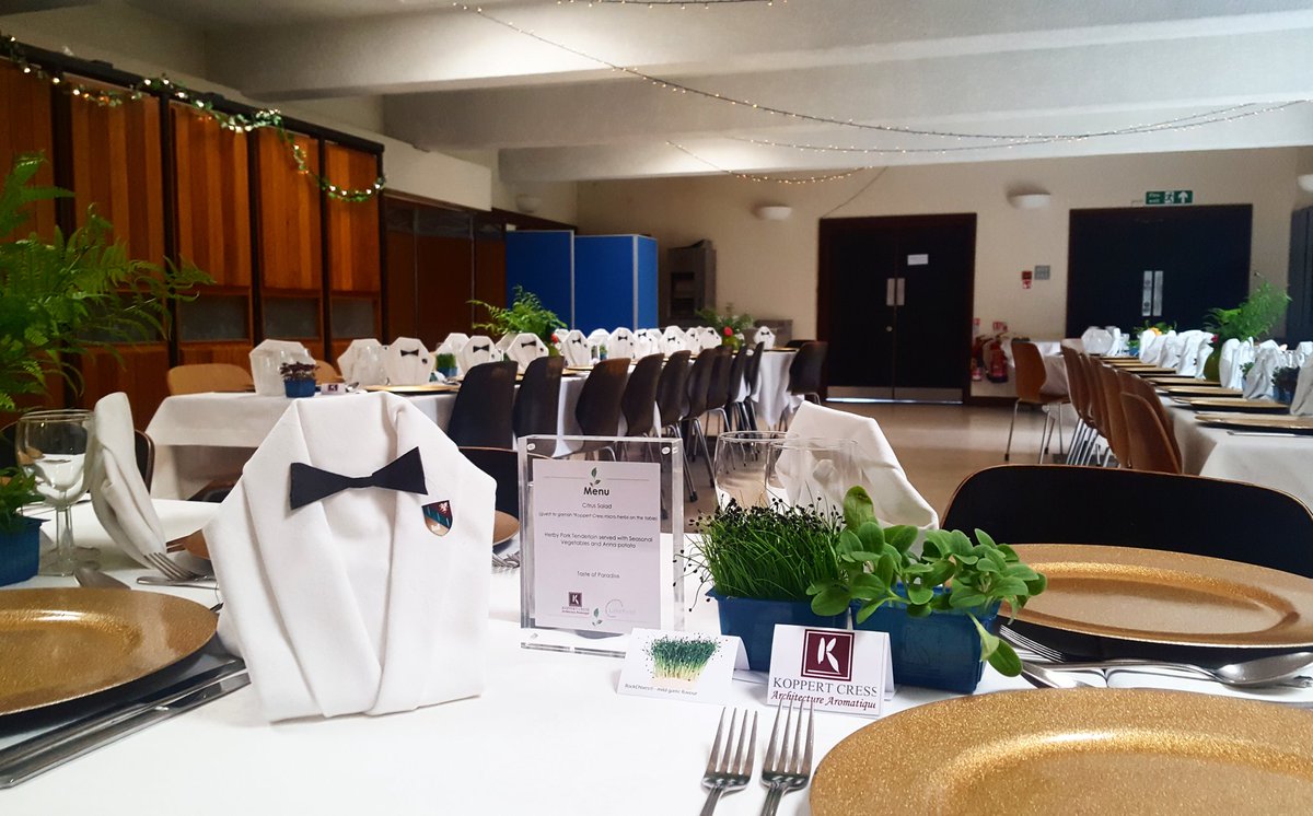LakefieldTC's tweet photo. Preparation has started! Netherhall's #formaldinner using @koppertcressUK as a choice garnish on the table #hospitality #koppertcress https://t.co/td8E8skqeo