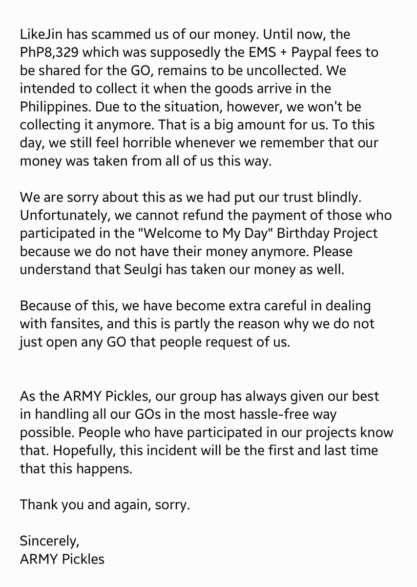 ARMY_pickles's tweet photo. [🌵] IMPORTANT ANNOUNCEMENT
@likejin1204 is a scammer. 
Do not transact with her. https://t.co/ckLLQFwEPg
