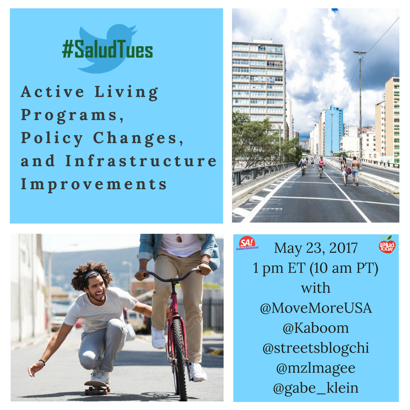 SaludAmerica's tweet photo. #SaludTues in 2 hours with these awesome cohosts & guests: @MoveMoreUSA @streetsblogchi @kaboom @mzlmagee @ChildrenNature @gabe_klein https://t.co/x9b79ZXoio