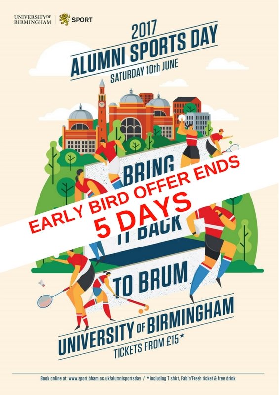 Only 5 days left to get your early bird ticket at a reduced price for Alumni Sports Day! Get yours here bit.ly/2ot7e2R