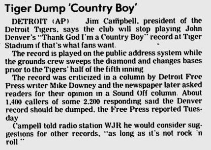 Tigers84Replay's tweet image. 5/23/84: Tigers bow to pressure &amp;amp; announce they will stop playing &quot;Thank God I&apos;m a Country Boy&quot; at #TigerStadium: 
goo.gl/6Hz1Se