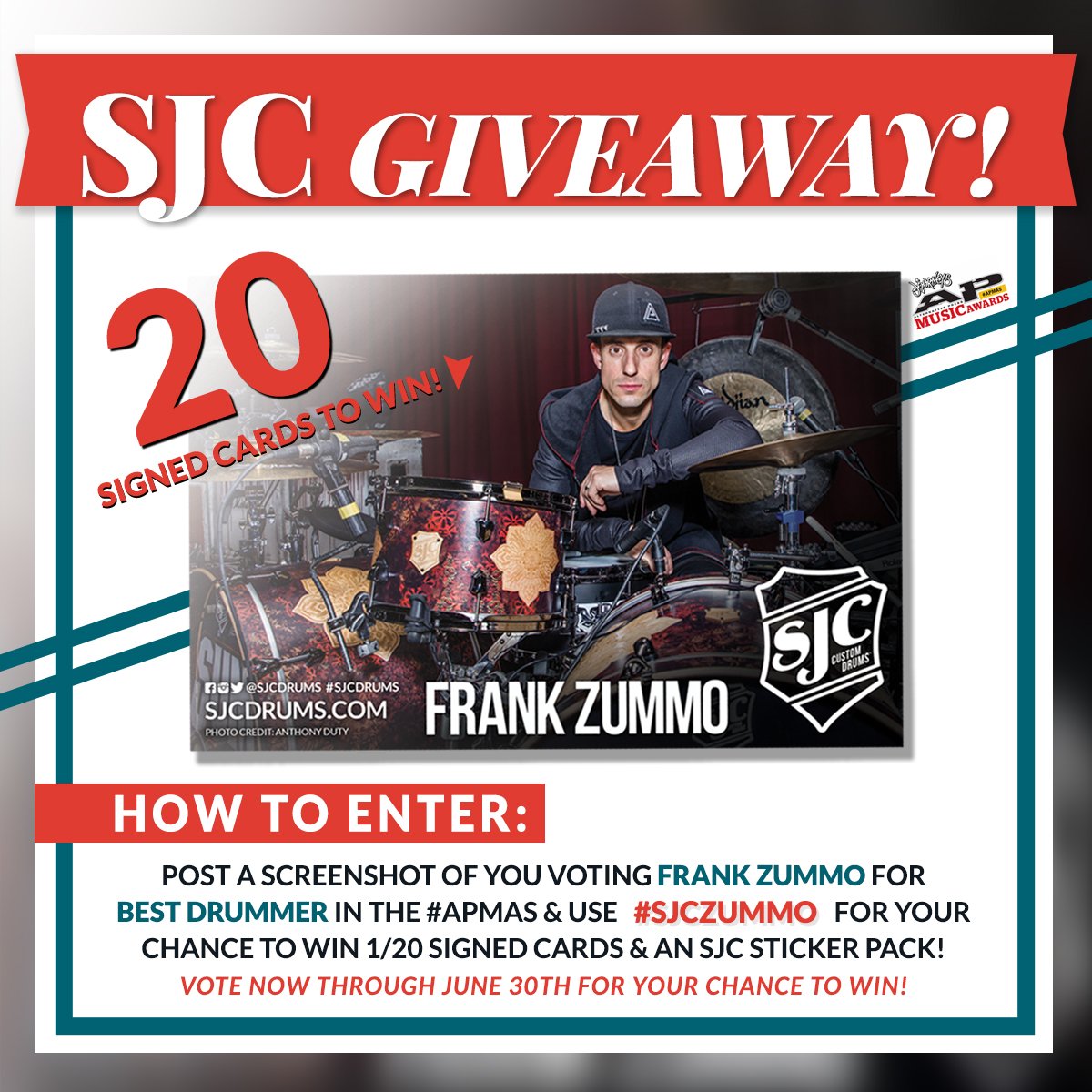 CONTEST: Vote for @fzummo for #drummeroftheyear at the #apmas for a chance to win! @AltPress #sjcdrums  bit.ly/2q7DH1q