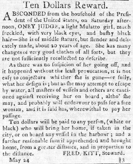 thezinncalendar's tweet photo. Today in 1796 President George Washington offers a $10 reward to anyone that captures &amp; returns his slave, Ona Judge, who ran away #remember https://t.co/SCDHe6wmLV