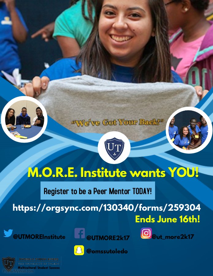 UTMOREInstitute's tweet image. Apply to be M.O.R.E. Peer Mentor TODAY! From Day ONE to graduation day!
orgsync.com/130340/forms/2… 
Application deadline is June 16th!