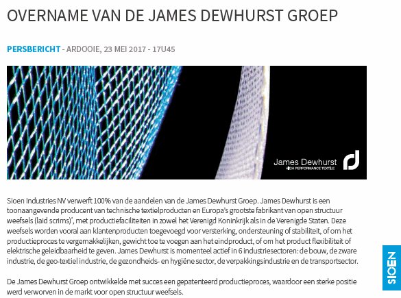 TSimonts's tweet image. Howla .. #Sioen trekt de cashlade open, haalt er €51m uit om de #JamesDewhurst groep in te lijven. Grotere deal dan #DimensionPolyant