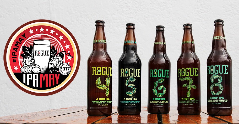 RogueAles's tweet photo. Got your #IPAMAY badge yet? Check in 2 of our 5 Hop Family IPAs crafted with hops grown @roguefarms on @untappd. https://t.co/hOjssGDplr https://t.co/eQWHLZViqt