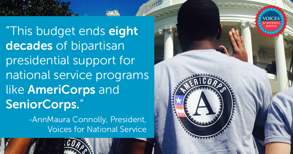 Voices4Service's tweet image. .@WhiteHouse confirms the plan to shut down @NationalService programs like @AmeriCorps &amp;amp; @SeniorCorps. Take action: voicesforservice.org/take-action/co…