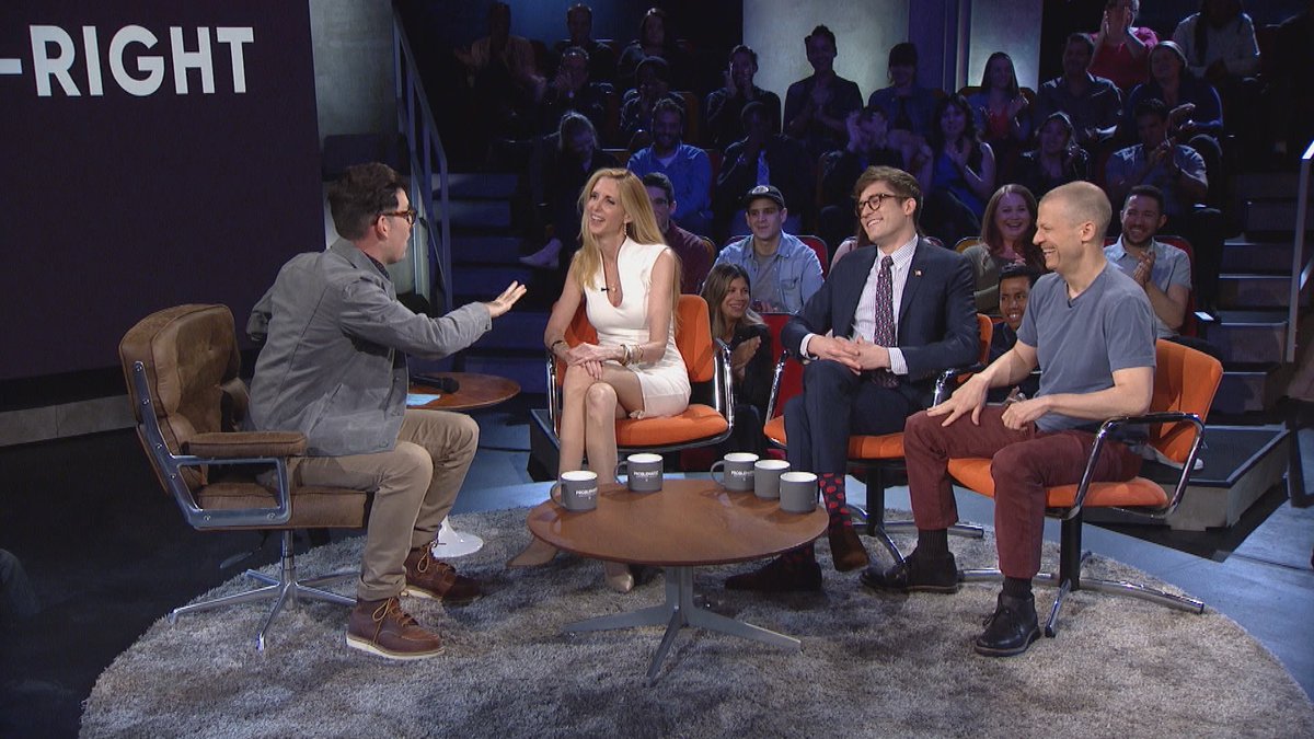 problematic's tweet photo. This is @moshekasher @AnnCoulter @lucianwintrich &amp; @JimNorton laughing together on TV, and that is a weird series of words. Tonight at 12am. https://t.co/CVZ2T574ia