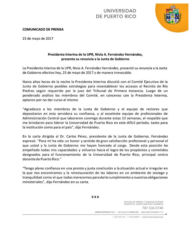 NotiUno's tweet photo. Nivia Fernandez, Presidenta Interina de la Universidad de Puerto Rico, presenta su carta de renuncia a la Junta de Gobierno. #NotiUno630 https://t.co/6zBTwi4oAq