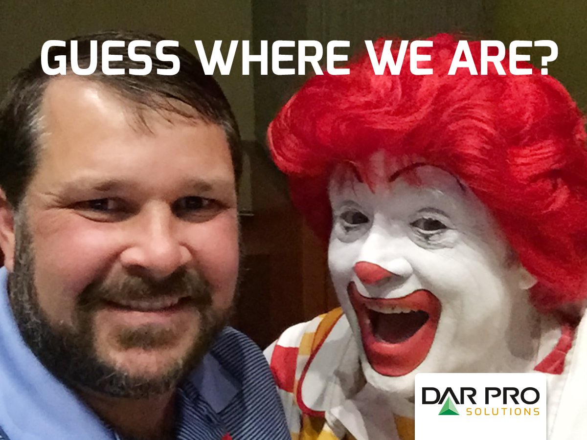 DARPROSolutions's tweet photo. Our Reg Acct Mgr John Moore with new friend @McDonalds Greater SW Leadership Summit. #clowningaround while doing business w McD's greatest! https://t.co/rdvpvS9WJL