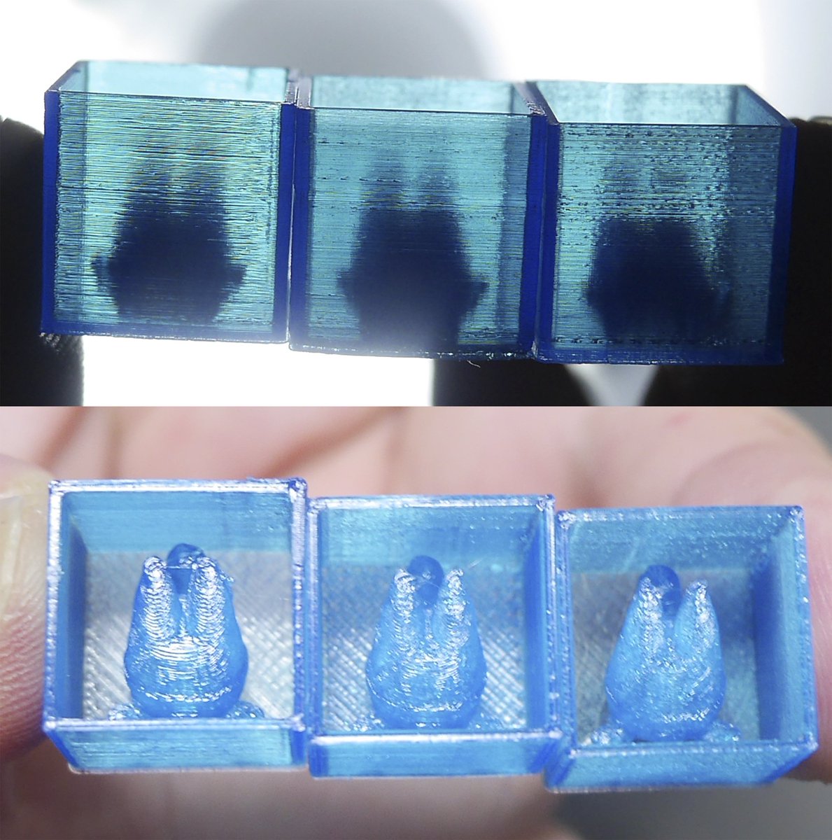 mugenrenpou's tweet photo. 3Dプリンタ(#trinus3d)で、プチラッキーさんの試作を進めたです(特定に、設置・格納するため)。複数の目安が得られたので、モデルに調整を加えると共に(彫りを深くする)、帽子をかぶっている・ジャパリまんを運搬しているモニョも用意し、速度を抑えての出力を進めるのです。プペポ。 https://t.co/uRNVnPqEF1