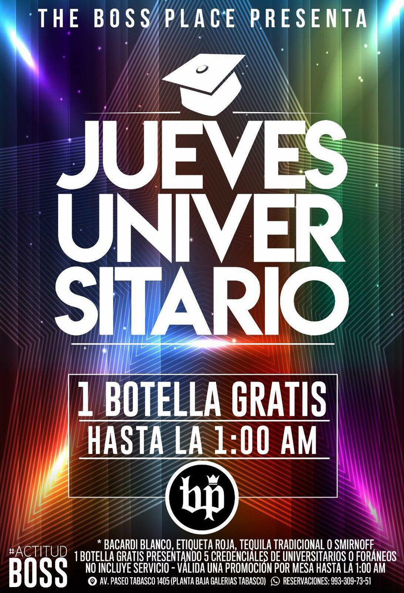 TheBossPlace's tweet image. El fin de semana comienza nuestro #JuevesUniversitario 5 estudiantes y foráneos = 1 Botella GRATIS hasta la 1:00 Am #ActitudBoss 🎓👯🎉