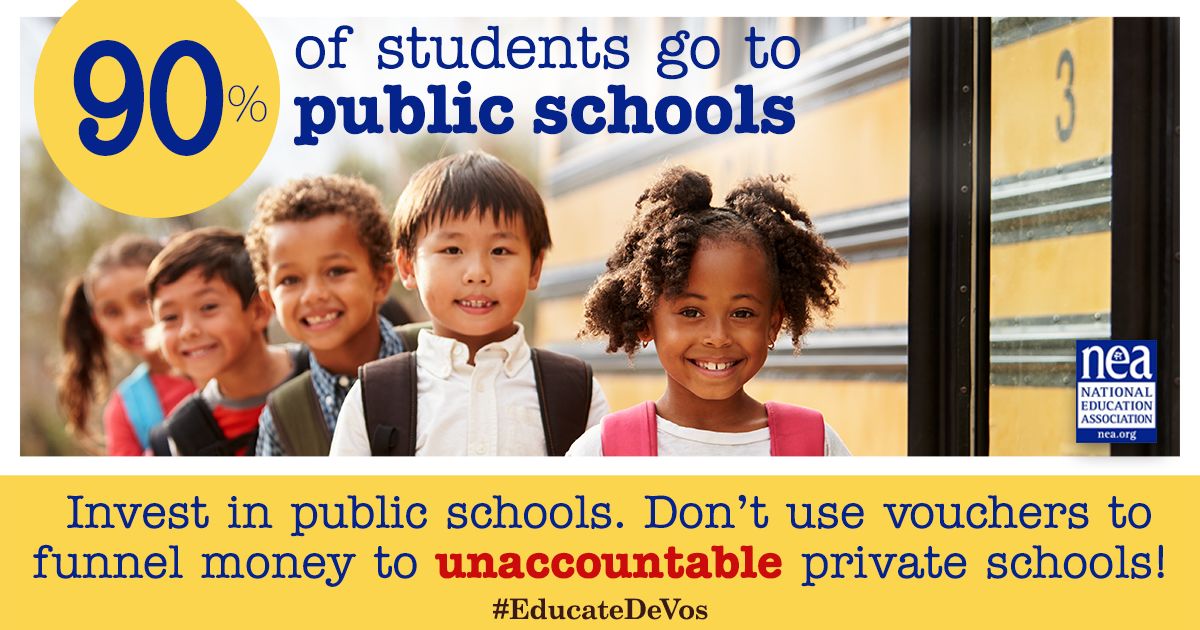 NEAToday's tweet image. It's time that we educate @BetsyDeVosED about what actually works best for students: bddy.me/2q8dlfx #EducateDeVos
