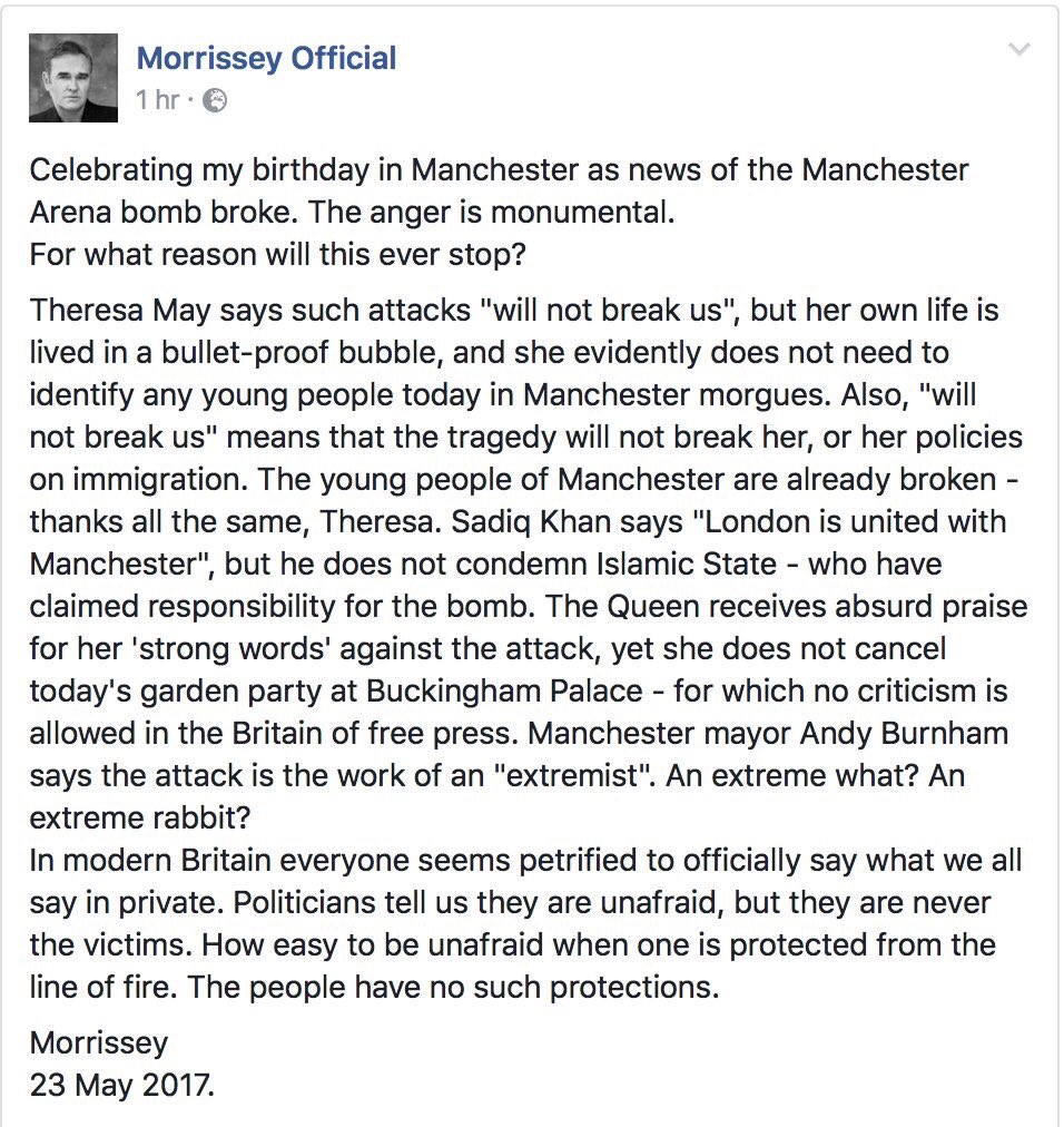 Vallmeister's tweet photo. Morrissey, a Manchester man, releases a statement about the #ManchesterBombing https://t.co/TwrzZocGzc