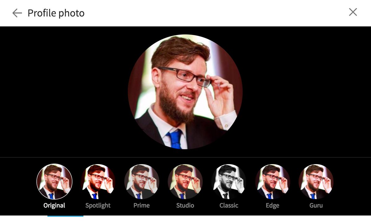 A Linkedin profile picture with an option to use spotlight, prime, studio, classic, edge, and guru photo filters.
