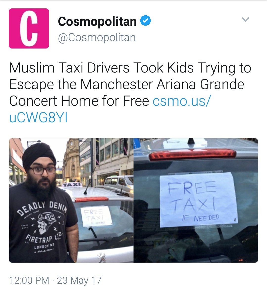 TheSafestSpace's tweet image. Cosmo has since deleted this tweet (the guy pictured is Sikh) 🙈