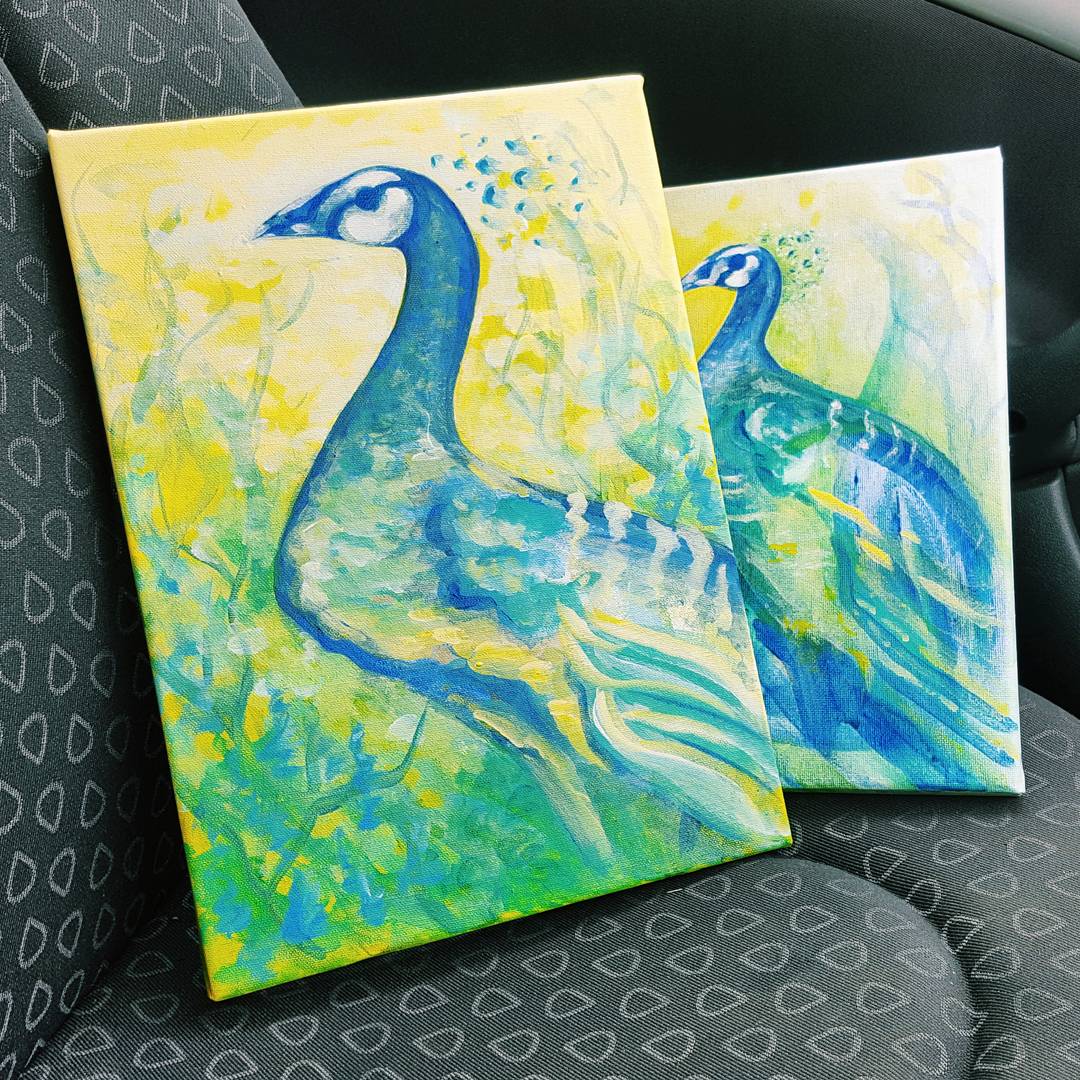 Two #peacocks donated for auction to support the Youth Cancer Trust 💕 #riverdarling #bournemouthart #youthcancertrust #art #acrylics