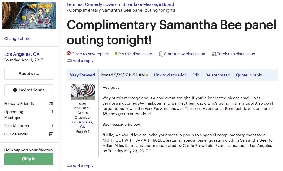veryforward's tweet image. Anyone interested in a complimentary Samantha Bee panel tonight, see details below! &amp;amp; Join our meetup: Feminist Comedy Lovers in Silverlake!