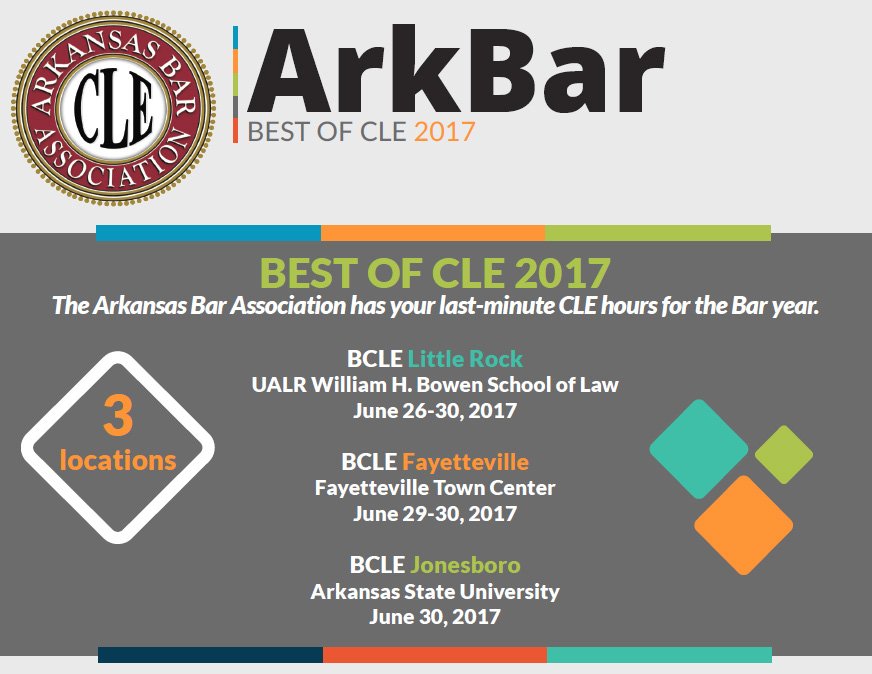 Need CLE Hours b4 June 30? Not able to attend the Annual Meeting in Hot Springs? Check out Best of CLE. mx.arkbar.com/EVENTS/EventsL… #ArkBarCLE
